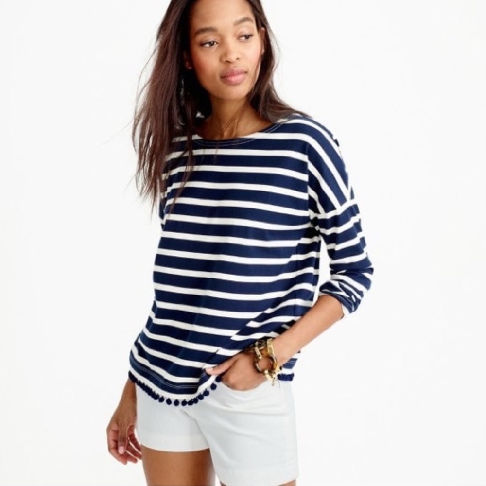 NWOT J. Crew Striped Shirt with Pom-Poms L Large Navy White Long Sleeve Tee